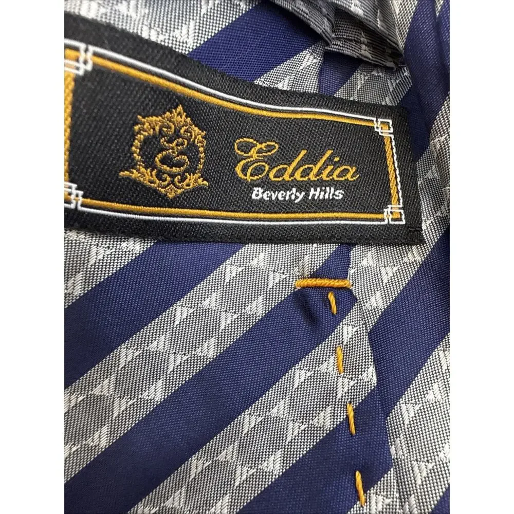 Eddia Men's Silk Tie Luxury Blue And Silver Stripe Textured Geometric Pattern